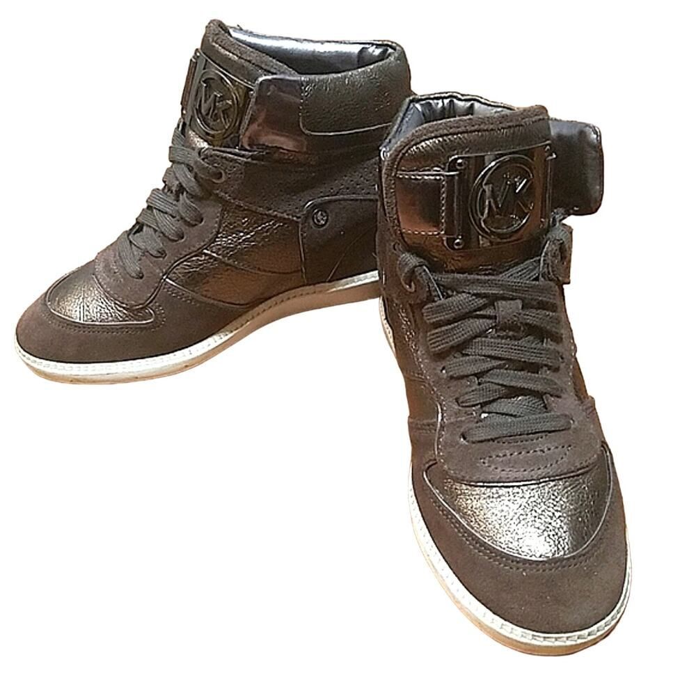 MICHAEL KORS NIKKO HIGH TOP WEDGE SNEAKERS Suede Brown Metallic Women's 7.5